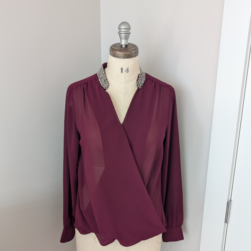 Bedo Beaded Collar Mulberry Long Sleeve Evening Blouse